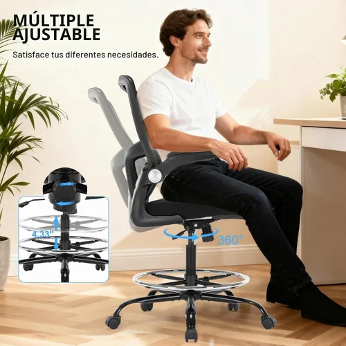 Vista 6 de Silla de dibujo, silla de oficina alta ergonómica con soporte lumbar, taburete de escritorio de pie con reposabrazos abatibles, cómoda silla