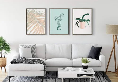 Vista 3 de Kate and Laurel Sylvie Palms - Lienzo enmarcado para pared, diseño de palmeras por Alicia Schultz, 18 x 24 pulgadas, gris, arte tropical playero