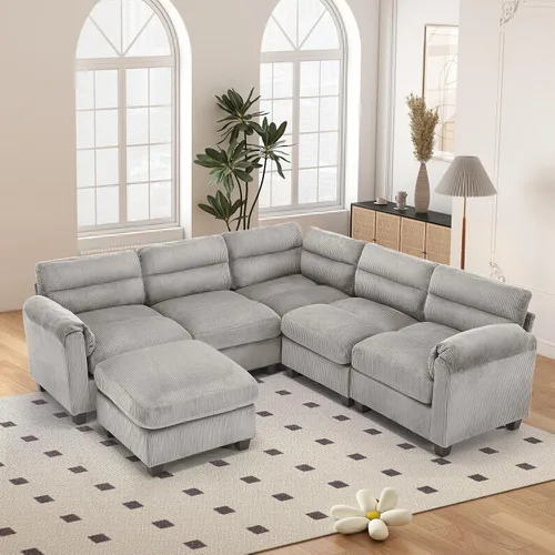 Vista 84 de HAOMARKETS Sofá esquinero modular en forma de L de 115 pulgadas con 2 otomanas móviles, sofás de pana de 8 plazas con cojín grueso para sala de Beige
