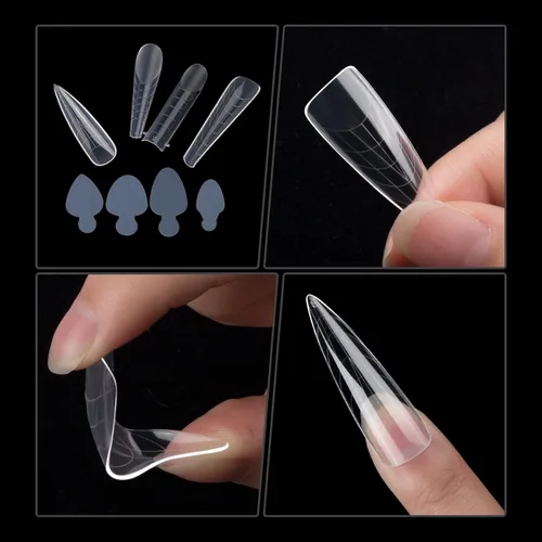 Vista 4 de 288 piezas de forma de uñas dobles con adhesivo de silicona francesa, kit de moldes de doble sistema reutilizable para uñas de línea francesa guías