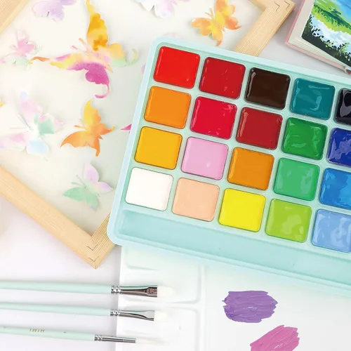 Vista 5 de HIMI - Juego de pintura Gouache de 24 colores vibrantes, pinturas no tóxicas, diseño de taza de gelatina con pinceles de pintura de paleta, portátil