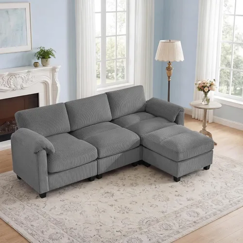 Vista 13 de Sofá modular de 61 pulgadas con otomana, asiento extra profundo para sala de estar, sofá de asiento profundo de pana con almohadas para Beige