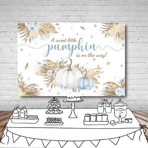 Vista 4 de MEHOFOND Telón de fondo bohemio de calabaza pequeña de 7 x 5 pies para niño, baby shower, hojas de otoño, hierba de pampas, hierba de Acción