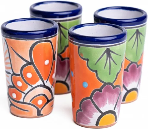 Vista 24 de Juego de 4 vasos de chupito Talavera auténticos mexicanos para tequila - Pintados a mano - 2 Oz (Corazón Azul)