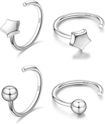 Vista 30 de CHIC & ARTSY Aretes de medio aro de plata de ley 925 para mujer, juego de aros pequeños con barra de bola, estrella, luna y perla, ligeros, ajuste