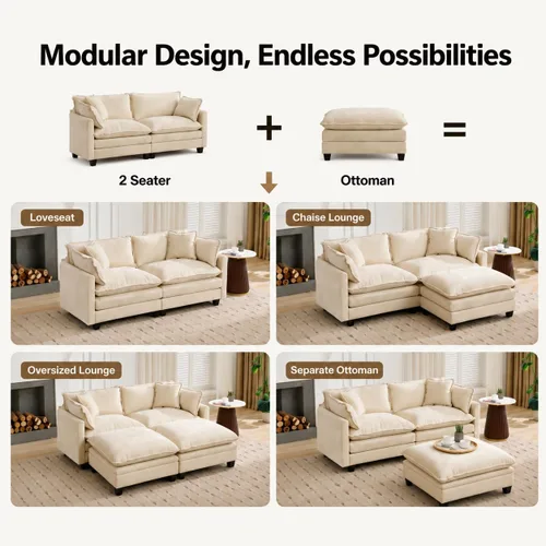Vista 7 de Sofá modular modular de felpilla beige de 78 pulgadas para sala de estar, sofá modular de dos plazas para sala de estar, 1 otomano, sofá