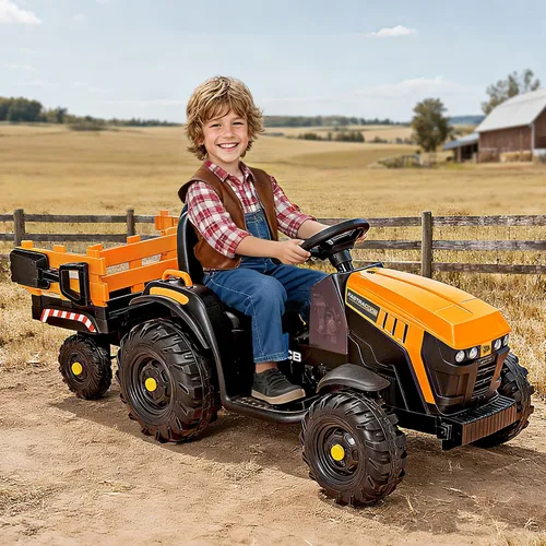 Vista 3 de Juguetes de paseo JCB con licencia de 24 V, tractor eléctrico para niños grandes 3-8 con remolque Amarillo