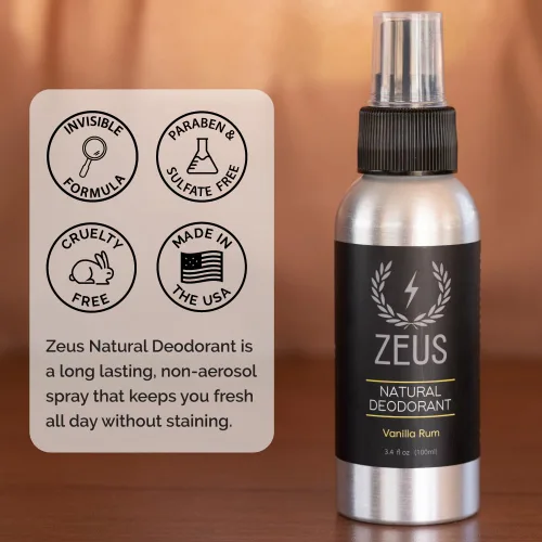 Vista 4 de ZEUS Desodorante corporal natural en aerosol para hombres, sin aluminio, apto para veganos, nutritivo para la piel con aceite de cártamo, suave