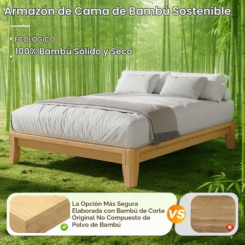 Vista 4 de Marco de cama de bambú macizo Queen, marco de cama de plataforma de carpintería japonesa (natural)