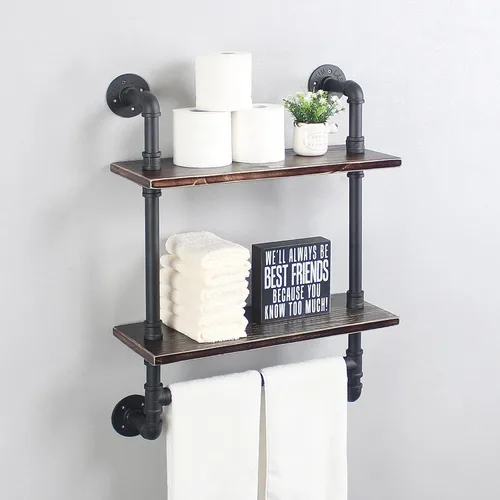 Vista 12 de MBQQ Estante de tubería industrial para baño, estantes montados en la pared, estante de madera rústica de 19.6 pulgadas con toallero, toallero