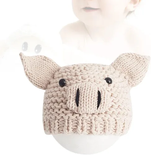Vista 8 de Sombrero de punto para recién nacido, accesorios para fotografía de bebé, accesorios para fotos de cerdo de dibujos animados, color beige