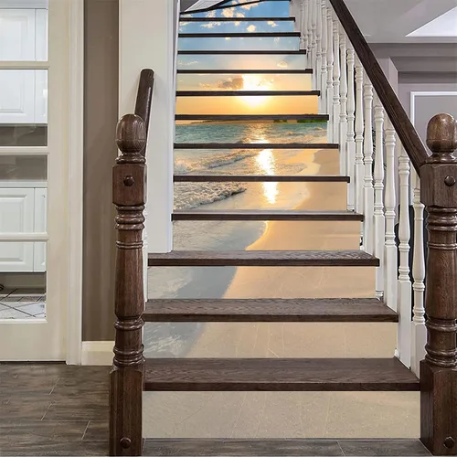 Vista 2 de artfanke 13 piezas de adhesivos 3D de amanecer en la playa - Adhesivos para escalones de pelar y pegar para decoración de hogar y oficina - 39,37" x