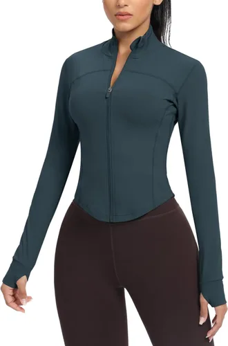 Vista 21 de AVGO Chaquetas de entrenamiento recortadas para mujer, con cremallera, ajustadas, atléticas, con agujeros para el pulgar