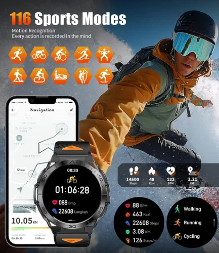 Vista 6 de Smart Watches for Men with Flashlight,1.6" AMOLED Always on Display Outdoor Sports Smartwatch with 111 Sports modes ,Heart Rate/Sleep Monitor IP68