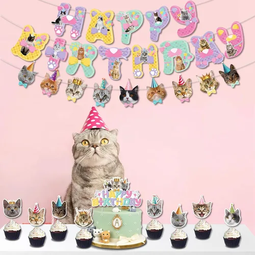 Vista 2 de TSJ Cartel de feliz cumpleaños de gato, pancarta de caras de gato, guirnalda de banderines de gato para fiesta de cumpleaños temática de gatito