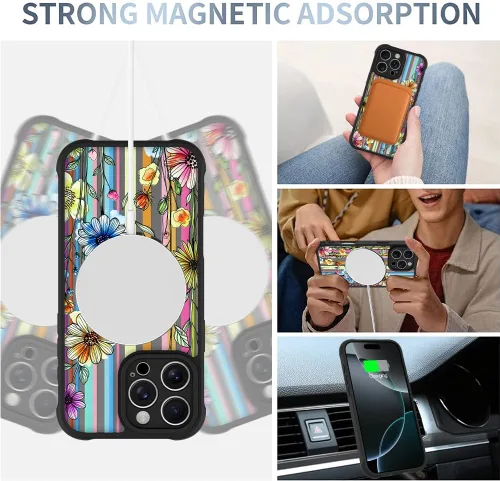 Vista 3 de AIGOMARA Magnetic Case for iPhone 16 Pro, Striped Floral - Black Black - Striped Floral