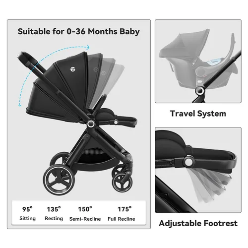 Vista 14 de EMU - Cochecito de bebé con asiento reversible, tamaño completo, con cabina reclinable, compacto y plegable para niños pequeños, para la ciudad al