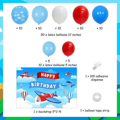 Vista 5 de Sursurprise Decoraciones de fiesta de cumpleaños con temática de avión, kit de arco de guirnalda de globos para suministros de fiesta de cumpleaños
