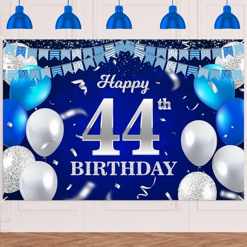 Vista 8 de Bandera de feliz primer cumpleaños con fondo azul marino, globos, confeti, bandera de rayas, luces de puntos, felicitaciones por el tema de 1 año