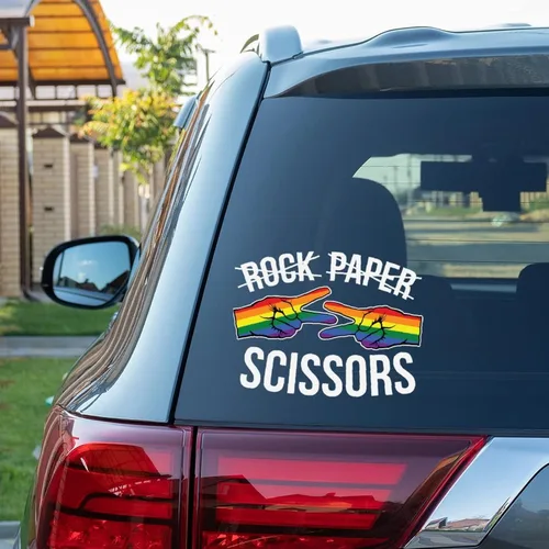 Vista 2 de ArogGeld Calcomanías de papel de roca con diseño de arco iris lésbico para automóvil, calcomanías de vinilo de igualdad LGBT, calcomanías divertidas