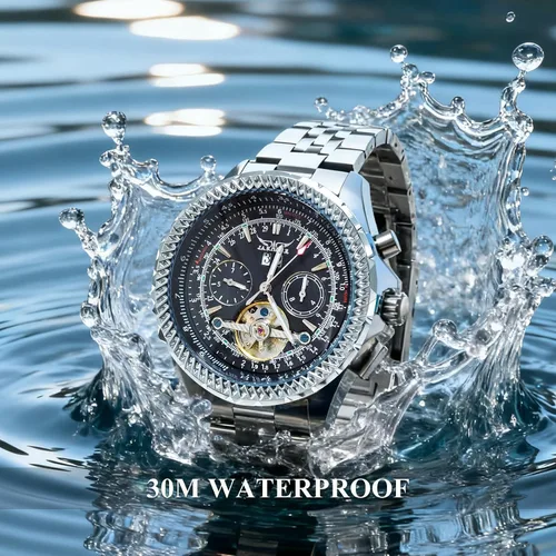 Vista 4 de Gute Reloj mecánico automático de acero inoxidable impermeable para hombre, reloj de pulsera de lujo de cara grande multifuncional Tourbillon