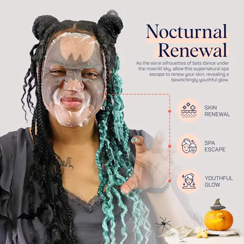 Vista 3 de SpaLife Paquete variado de mascarillas faciales de personaje de Halloween con diseño de murciélago de carbón animado, 10 hojas de máscara facial