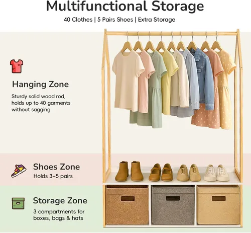 Vista 3 de Perchero de madera con almacenamiento, estantes de ropa independientes para colgar ropa perchero para dormitorio, entrada, sala de estar