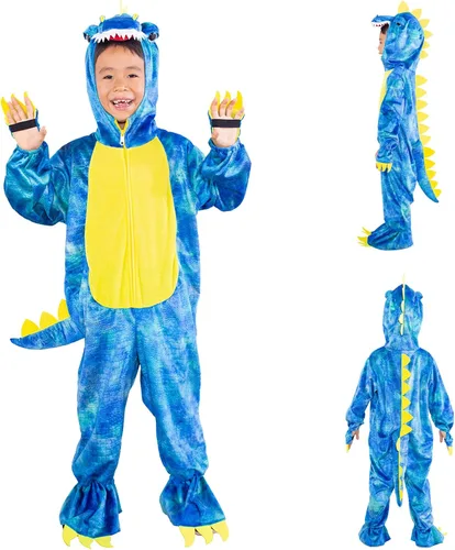 Vista 2 de DearSun Disfraz de dinosaurio T-Rex para niños, disfraz de dinosaurio con capucha (S100 de 3 a 4 años, azul)