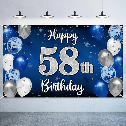 Vista 64 de Decoración de feliz cumpleaños número 100, globo azul y plateado grande cartel de fondo de cumpleaños de 100 años - Suministros para fiesta