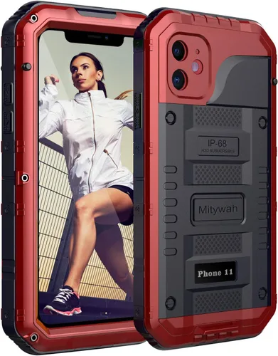Vista 21 de Mitywah Funda impermeable para iPhone 11, resistente y duradera, de metal, protección de pantalla integrada, impermeable, a prueba de golpes, a Negro