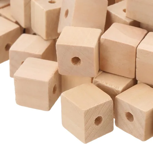 Vista 3 de SINJEUN 500 cubos de madera de 1/2 pulgada con agujeros, bloques de madera maciza sin terminar, cuentas cuadradas de madera, pequeños bloques