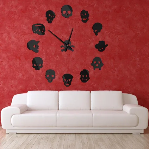 Vista 7 de Gran calavera 3D DIY reloj de pared Frameless Espejo Superficie Etiqueta de pared (negro)