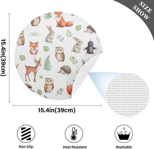Vista 4 de Cute Animals Owl Fox White PVC Placemat, Non Slip Heat Proof Table Mat for Kitchen one sizex1