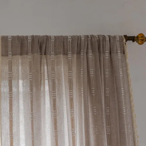Vista 10 de 2 paneles de cortinas de lino semiopacas para ventana, bohemias y rústicas, con rayas bordadas y bolsillo para cortinero, para sala de estar