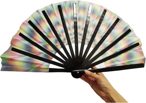 Vista 4 de Ventilador de mano decorativo para rave, grandes abanicos plegables para festivales, Drag Queen y Burlesque, bonitos accesorios holográficos