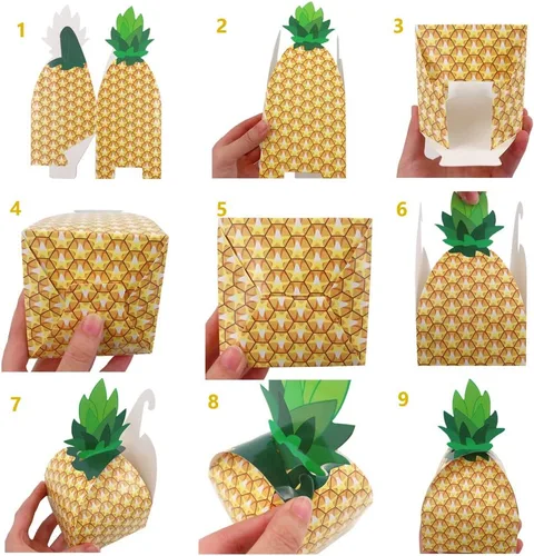 Vista 6 de Suponey Cajas grandes de regalo de piña, cajas de regalo de piña, caja de dulces 3D para decoración hawaiana y de fiesta de cumpleaños (20 unidades)