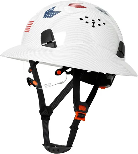Vista 13 de Casco duro de ala completa con patrón de fibra de carbono con visera, casco de seguridad de construcción aprobado por la OSHA para hombres