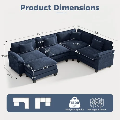 Vista 2 de CDCASA Sofá modular de gran tamaño de 117 pulgadas con esquina, cómodo sofá nube en forma de L con otomana, asiento profundo de felpilla de 5 plazas