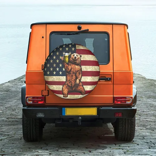Vista 2 de Happy Camper Bear - Cubierta de neumático de repuesto para remolques, cubiertas de ruedas de caravana, con bandera estadounidense, protectores