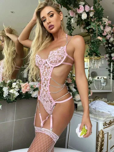 Vista 6 de Conjunto de lencería de encaje con correa de peluche para mujer, body babydoll con liguero, Rosado, SmallMediumLarge
