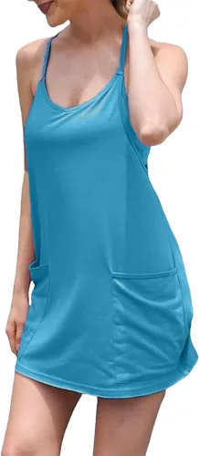 Vista 4 de UNIANKIYA Enterizo de entrenamiento para mujer con pantalones cortos debajo, sin mangas, tirantes delgados, trajes atléticos, trajes casuales