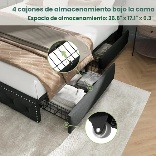 Vista 6 de LARMACE Base de cama tamaño King con 4 cajones de almacenamiento, base de cama tapizada de terciopelo, plataforma King con luces LED y estación