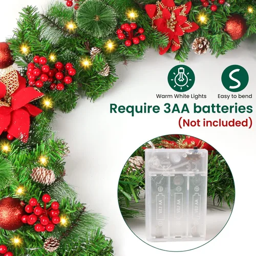 Vista 5 de Guirnalda de Navidad con luces, guirnalda de Navidad de 9 pies con 30 luces LED, funciona con pilas, decoraciones de Navidad artificiales