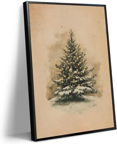 Vista 18 de Arte de pared en lona de árbol de Navidad y pino, póster rústico iluminado de abeto nevado, decoración de pared de vacaciones de invierno antigua