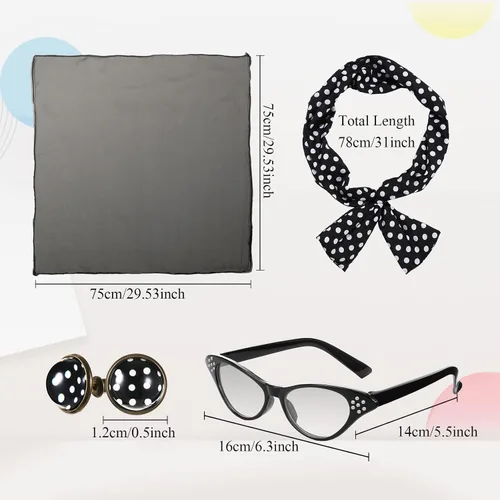 Vista 2 de Hicarer 5 Pcs 50s Women Halloween Costume 1950 Poodle Skirt Sock Hop Accessory Outfit Scarf Glasses Bandana Headband Earring
