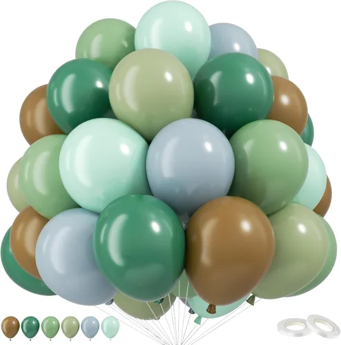 Vista 17 de Globos de color verde salvia marrón, paquete de 60 globos con estampado Verde Marrón Oro