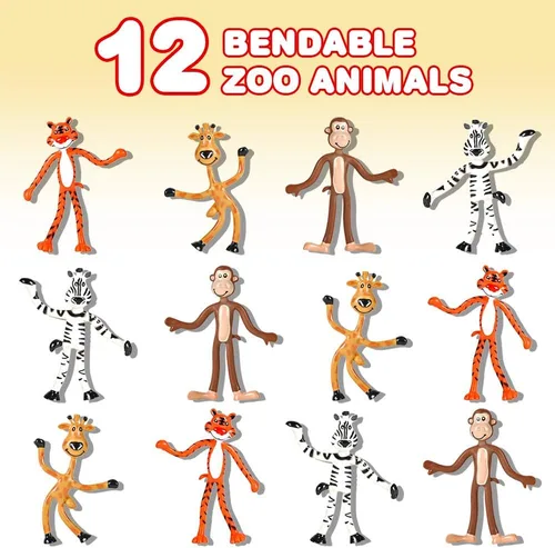 Vista 2 de ArtCreativity Figuras de animales flexibles, juego de 12 juguetes flexibles de zoológico, divertido alivio del estrés para niños, recuerdos