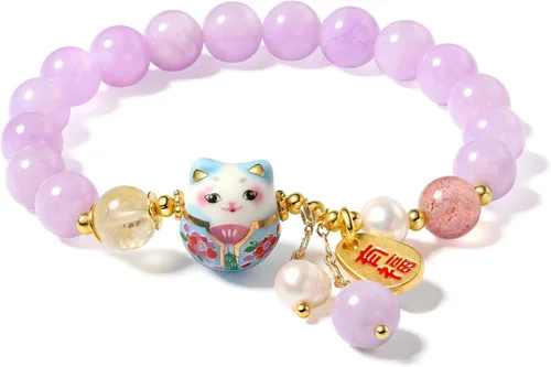 Vista 4 de Pulsera de gato de la suerte con cristal azul, colgante de gato de cerámica, joyería de buena suerte Feng Shui para mujer, pulsera de riqueza