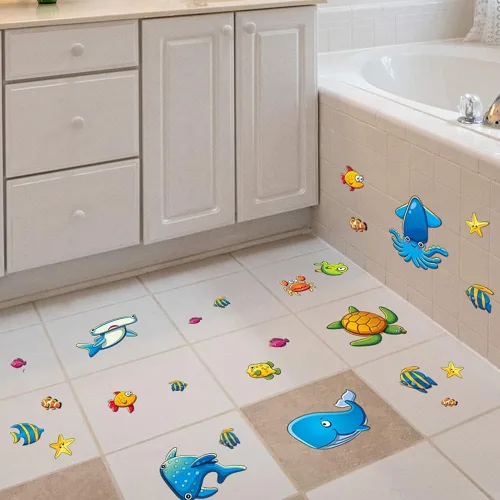 Vista 5 de TESWEY 24 calcomanías antideslizantes para bañera, diseño de vida marina de dibujos animados, de PVC, mate, para la habitación de los niños, baño
