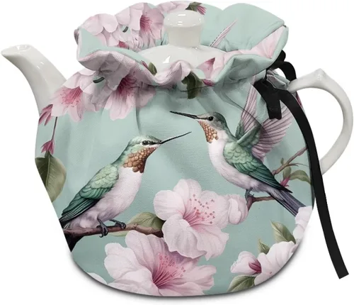 Vista 12 de DISNIMO Funda de tetera aislada a prueba de polvo con diseño floral de colibrí, para mantener el calor, accesorios decorativos, colcha